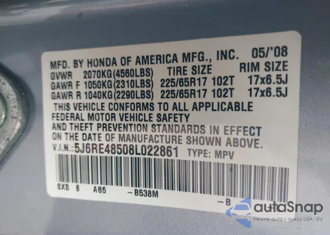 2008 Honda Cr-V Ex из США, поврежденный, VIN 5J6RE48508L022861